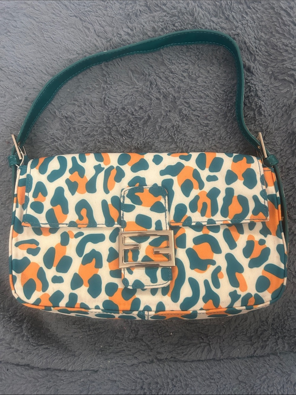 Fendi baguette style Teal and Orange Leopard Print Shoulder Bag